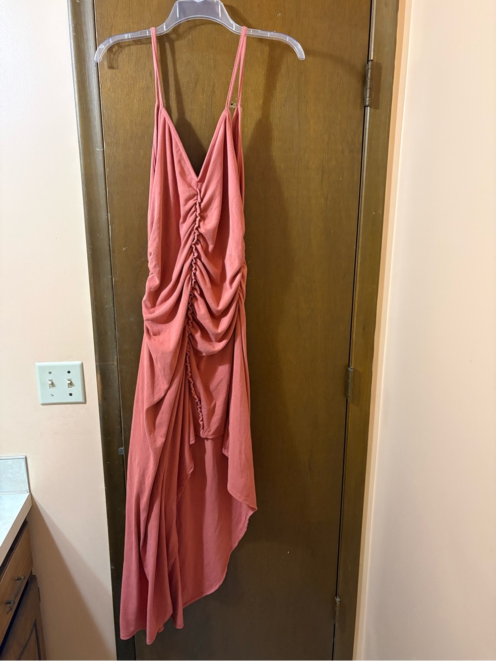 Free People Beach Coral Ruched Sleeveless Asymmetrical Hem Midi Dress